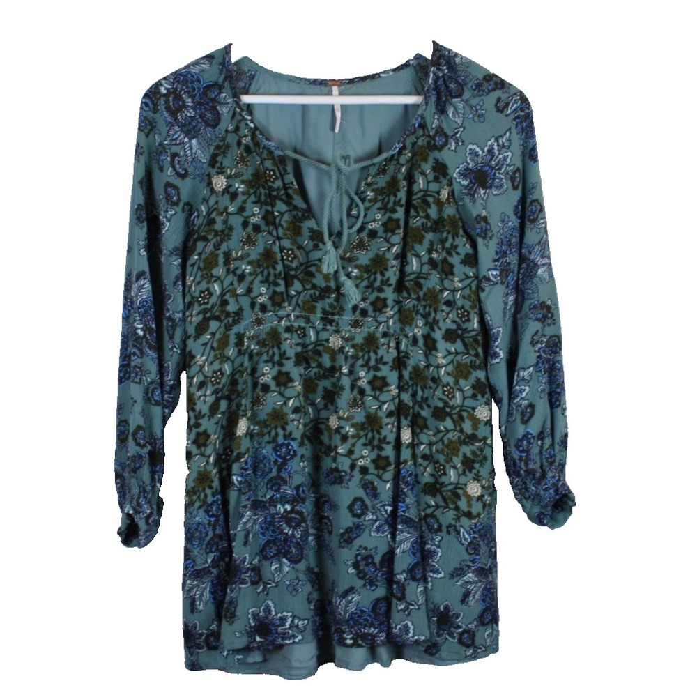 Free People Lucky Loosey Tunic Shirt Dress Floral Size XS Boho Front Tie Hippie